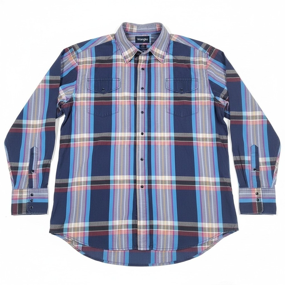 Wrangler Mens Plaid Button Down Shirt Blue Purple Western Long Sleeve XL